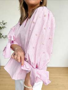 Women's Striped Woven Fabric Pearl Bowknot Ruffle Hem Tie Front Blouse Pink Spring - Pink - View 1