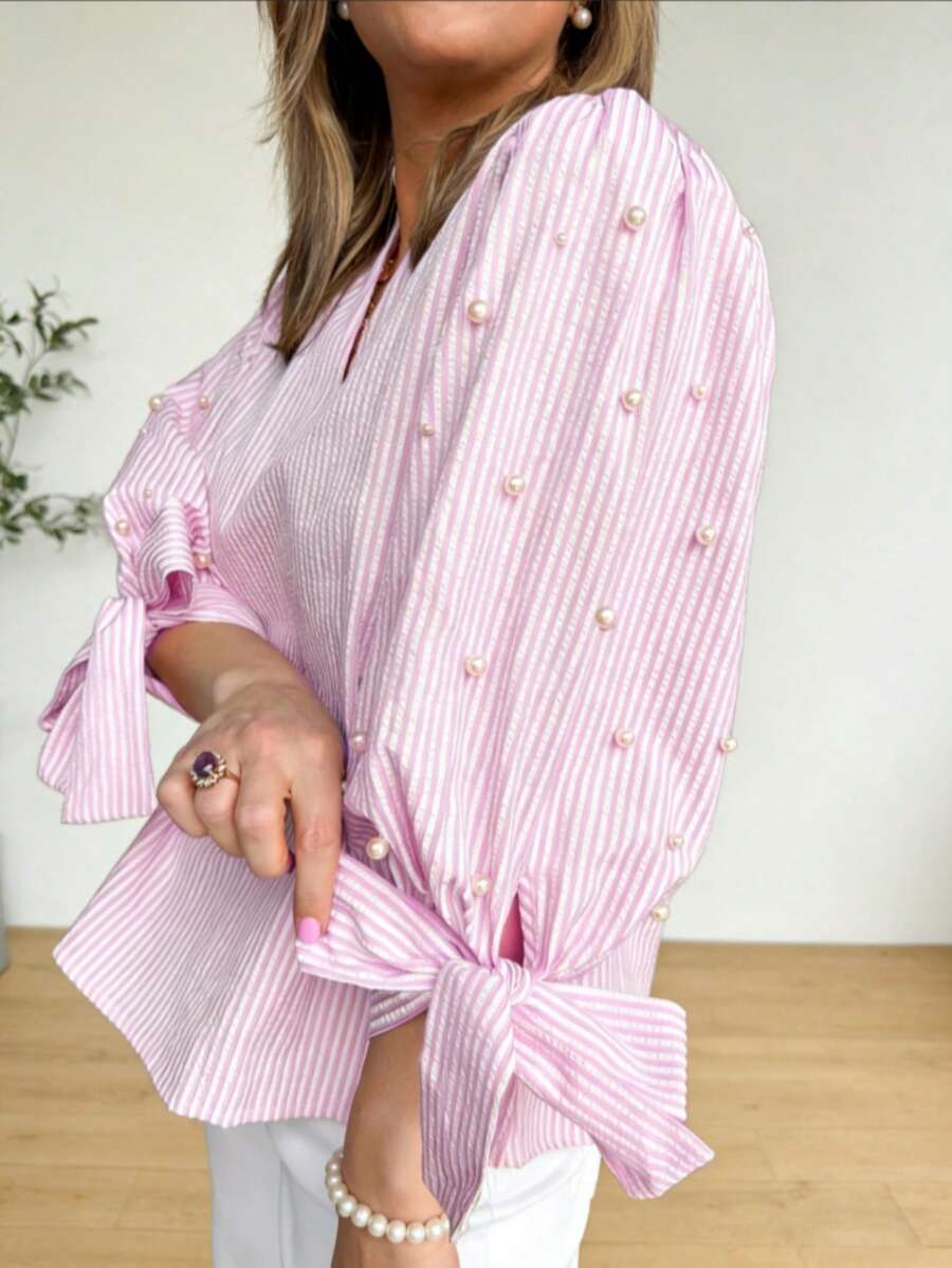 Women's Striped Woven Fabric Pearl Bowknot Ruffle Hem Tie Front Blouse Pink Spring - Pink - View 1