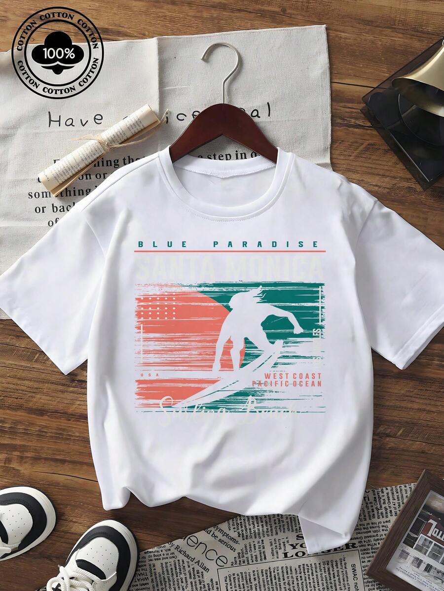 T-shirt graphique à manches courtes pour femmes, imprimé vintage de plage de surf de Santa Monica. T-shirt décontracté d'été à col ras-du-cou pour un port quotidien - Blanc - Voir 1