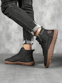 男士时尚高帮厚底休闲鞋，系带学院风，舒适耐穿简约百搭男鞋 - 黑色 - 查看 4