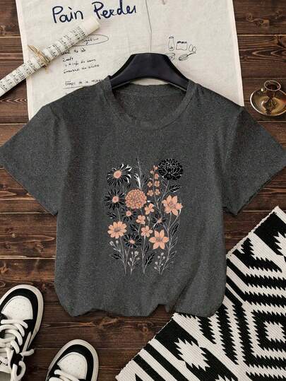 Summer Tops Plus Size Knitted Fabric Regular Hem Short Sleeve Tee With Botanical Print For Everyday Comfort Graphic Tees Women Summer Outfits For Women