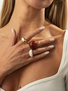 4件套波西米亚几何弧形树脂戒指套装，奢华休闲派对日常婚礼假日百搭魅力珠宝戒指，女士礼物 - 戒指 - 查看 3