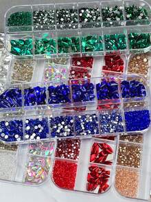 12格12色多形状平底3D美甲水钻，玻璃矿物朋克风金色水晶饰品工具套装，DIY工艺，面部，服装，美甲装饰，美甲饰品，美甲宝石，美甲用品，美甲 - 彩色 - 查看 8