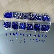 12格12色多形状平底3D美甲水钻，玻璃矿物朋克风金色水晶饰品工具套装，DIY工艺，面部，服装，美甲装饰，美甲饰品，美甲宝石，美甲用品，美甲 - 彩色 - 查看 9