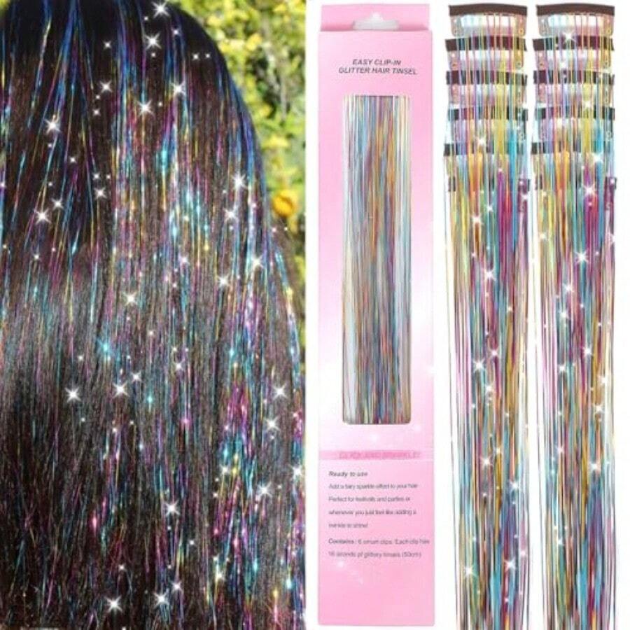 QY- Clip In Hair Tinsel 12 Pcs Hair Tinsel Kit For Girls 22 Inch Glitter Fairy Hair Extensions Colorful Heat Resistant Party Festival Accessories For Women 3- Colors -3788 - 3種顏色 - 查看 1