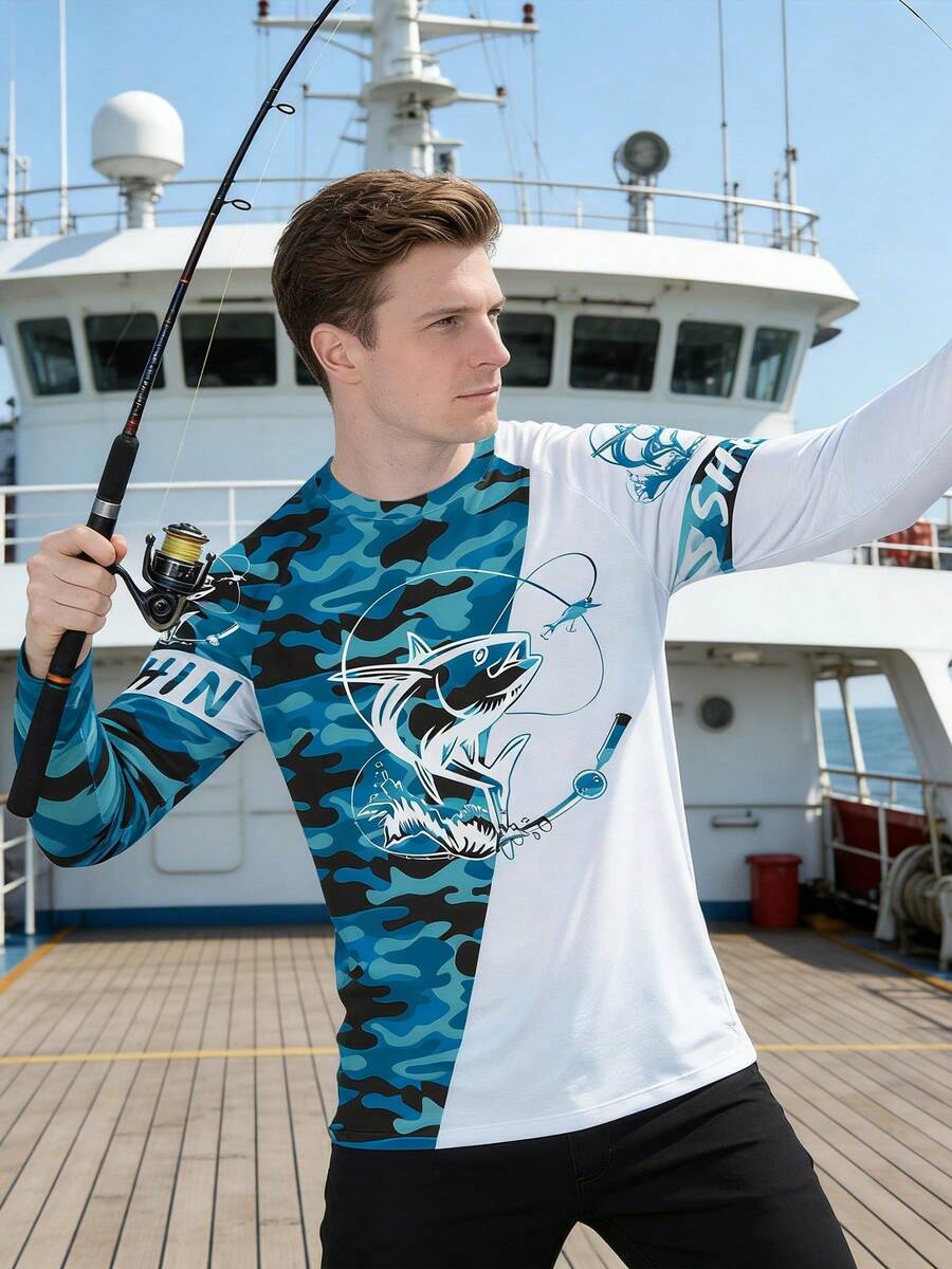 钓鱼连帽衫、航海衬衫、男士夏季长袖狩猎衬衫、高性能钓鱼装备、沙滩上衣、登山服、钓鱼服 - 寶藍色 - 查看 1