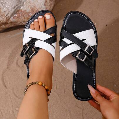 Adjustable Buckle Faux Crocodile Patterned Black & Color Block Flat Sandals For Women, Versatile Holiday Style Black & White Criss-Cross Strap Buckle Flat Sandals For Women, Beach Style