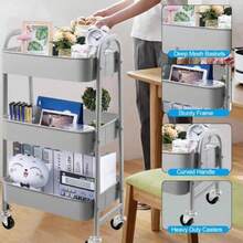 Carrito de Alenamiento Metal con 3 Niveles Carrito de Utilidad móvil Organizador con Ruedas Fácil de Montar para Oficina para Baño Cocina Salón Oficina Gray - Gris -0 - Ver 5
