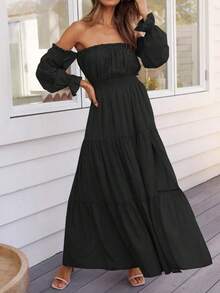 Women's Boho Sexy Off Shoulder Long Sleeve Smocked High Waist Side Split Flowy A Line Tiered Long Maxi Dress - 黑色 - 查看 2