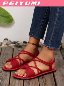 PEIYUMI Women's Fashion Sandals, Elegant Bow And Criss-Cross Strap Design, Comfortable And Versatile, Suitable For Various Occasions, Multiple Color Options - Red - View 4