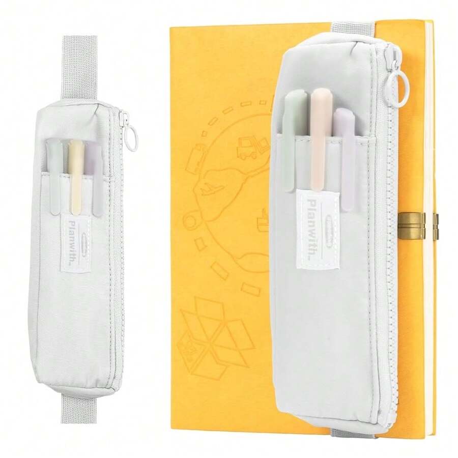 Bolsa delgada para lápices y bolígrafos con banda elástica ajustable, bolsa con cremallera para maquillaje, diario y talla grande - Gris - Ver 1