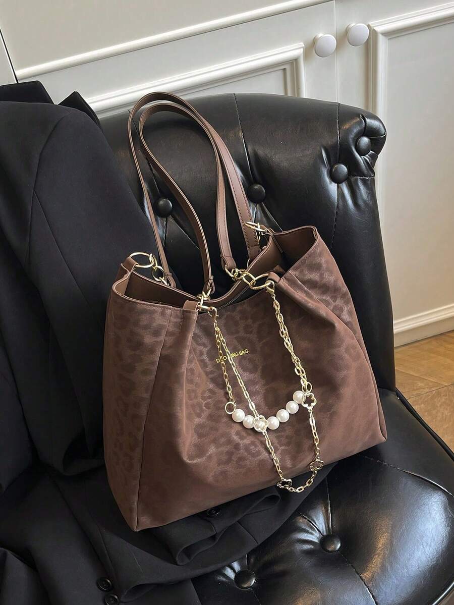 Borsa a tracolla a righe alla moda - Borsa a spalla di grande capacità per le donne - Borsa a tracolla con cerniera per uso quotidiano, in tessuto con stampa leopardata, con catena e decorazione con perle - Castano - Visualizzare 1