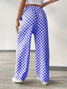 Plaid Print Casual Loose Drawstring Wide Leg Pants - Blue - View 2