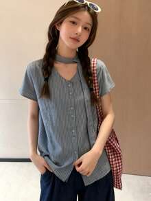 Women's Striped Front Button Pocket Casual Vacation Shirt - Blue Stripes - View 3