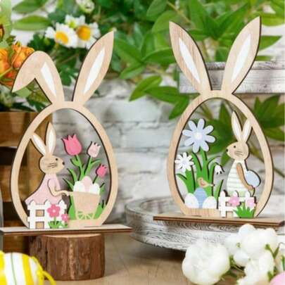 1 Piece Creative Wooden Crafted Hollow Rabbit Decor, Artificial Wooden Easter Decoration, Pink And Blue, DIY Wooden Easter Egg Slice Ornaments, Universal Holiday Decorations, No Electricity Required, Suitable For Non-Feather Decorations.