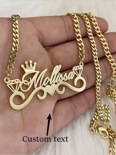 Customized Name Necklace With Heart And Crown Pendant - Personalized Vintage Cuban Chain Jewelry Gift For Girl, Unique Retro (English Only), Personalized Necklace