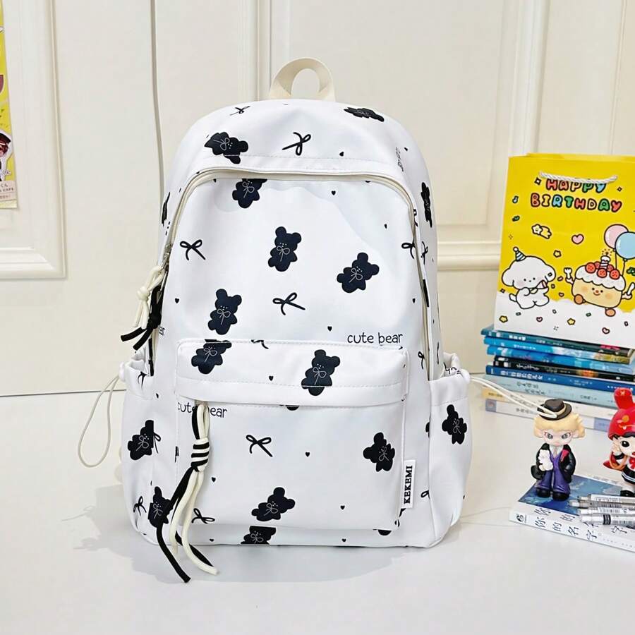 Mochila de Alta Qualidade para Estudantes Femininas do Ensino Médio/Fundamental, Estilo Coreano, Grande Capacidade, Leve, Novo Design, Estampa de Urso Floral, Adequada para Estudantes Femininas, Universitárias, Bolsa para Laptop