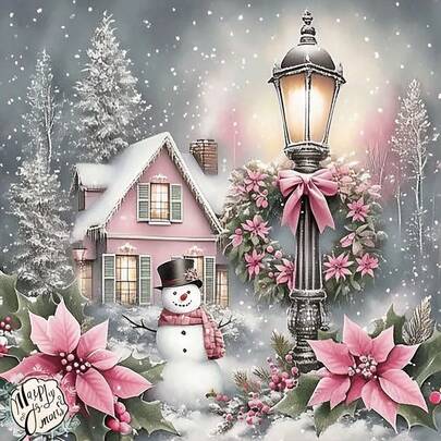 一套5D DIY钻石画套装，包含雪人和粉色小屋图案，闪亮圆形亚克力水钻，创意新图案马赛克艺术墙饰，放松拼图装饰艺术品