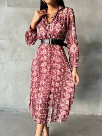Elegant Bohemian Style Chiffon A-Line Midi Dress, Stand Collar Bishop Sleeve, For Women