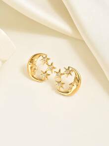 一对时尚独特的星月图案耳环，适合女性日常佩戴。 - 金色 - 查看 2