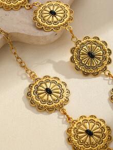 1pc Vintage Carved Metal Inlaid Black Gemstone Zinc Alloy Women's Belt/Waist Chain, Bohemian Suitable For Casual Daily And Party Dress Matching, Valentine's Day Gift - Gold and Black - View 3