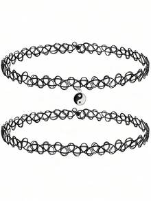 2pcs/Set Necklace Set, 90s Accessories Yin Yang Pendant Necklace For Women & Teenage Girls, Charm Elastic Jewelry Style Gift - Black - View 7