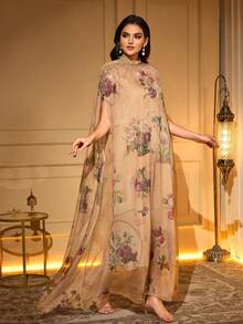 Elegant Floral Print Kaftan Robe With Faux Pearl & Applique Details, Batwing Half Sleeve Stand Collar Caftan Eid - Camel - View 6