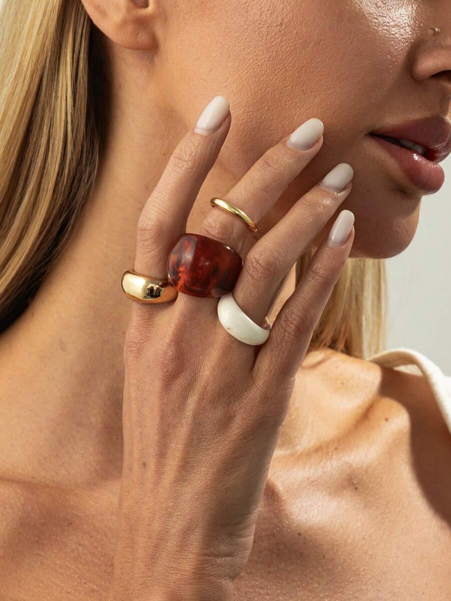 4件套波西米亚几何弧形树脂戒指套装，奢华休闲派对日常婚礼假日百搭魅力珠宝戒指，女士礼物 - 戒指 - 查看 1