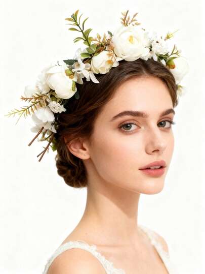 乡村风白色布艺花环新娘婚礼头饰，仪式拍照道具，沙滩拍照发箍配丝带