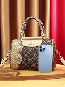 Fashionable Women's Handbag With Printed Boston Pillow Design, Large Capacity Shoulder Bag For Commuting - Rose Gold - View 4