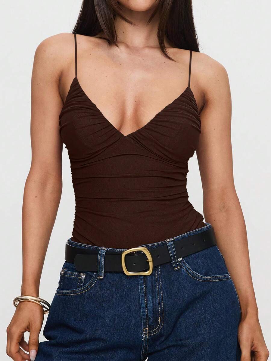 Sedessea Camiseta de tirantes de malla de doble unicolor de alta elasticidad, casual y elegante para el verano - Café integral - Ver 1