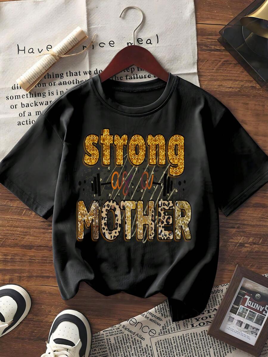 Damen Kurzarm Grafik T-Shirt "Strong As A Mother" mit Glitzer Leopardenmuster, lässig geschnittenes Crew-Neck Oberteil für den täglichen Gebrauch - Schwarz - Übersicht 1