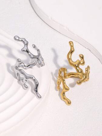 1pc Asymmetrical Line Shaped Exaggerated Gold-Plated Stainless Steel Ring, Unique Design, Suitable For Women's Daily, Party, And Date Wear