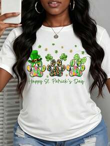 Women's Fun Round Neck Printed Short Sleeve Paw Print And Clover Happy St Patricks Day 100 Percent Cotton Casual T- Shirt For Party Festival Gift Choice - trắng - Xem 6