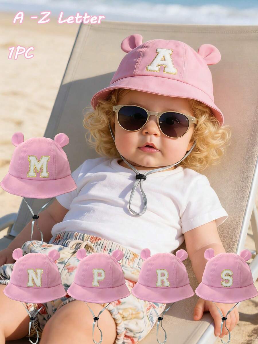1 pieza Sombrero de sol con estampado de letra A-Z, gorra de protección solar de ala ancha para niños y niñas con correa para la barbilla - Rosa - Ver 1
