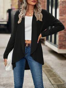 Casual Open Front Cardigan For Women Classic Knit Sweater Long Sleeve Solid Color Outerwear For Spring Office And Travel - 黑色 - 查看 3