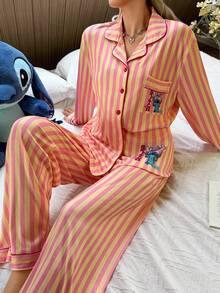 Disney Stitch Print Patchwork Pajama Set - Multicolor - View 5