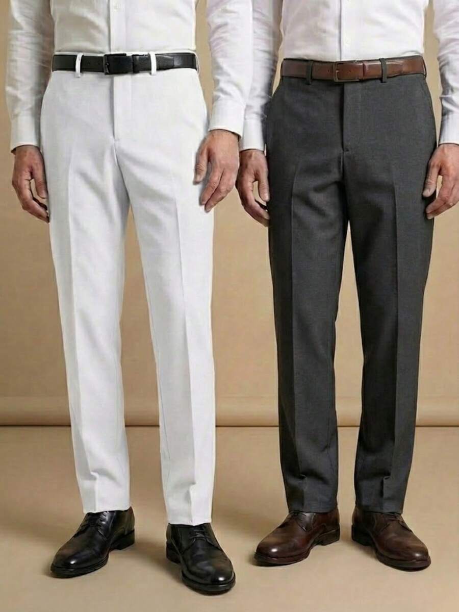 Men's 2-Piece Set - Men's Tailored Slim Fit Executive Polyester Dress Pants, Classic Formal, Lightweight And Stylish. - 白色和深灰色 - 查看 1
