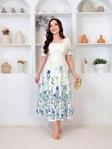 Elegant Midi Dress In Printed Cotton Fabric With Short Sleeves. - 藍色 - 查看 3