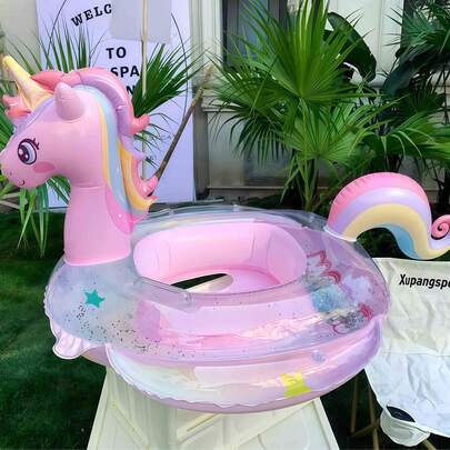 1pc Pink Inflatable Unicorn Swim Ring With Arm Bands, Glitter Pony Design, Portable Kids Swimming Float For Pool Activities
