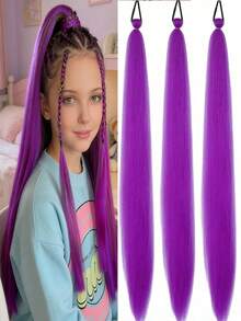 1-3 lọn tóc nối tự tết màu tím dài 26 inch | Tóc giả Yaki thẳng, chịu nhiệt, bồng bềnh cho trẻ em | Thích hợp cho Halloween, Giáng sinh, các bữa tiệc ngày lễ - Màu tím - Xem 8