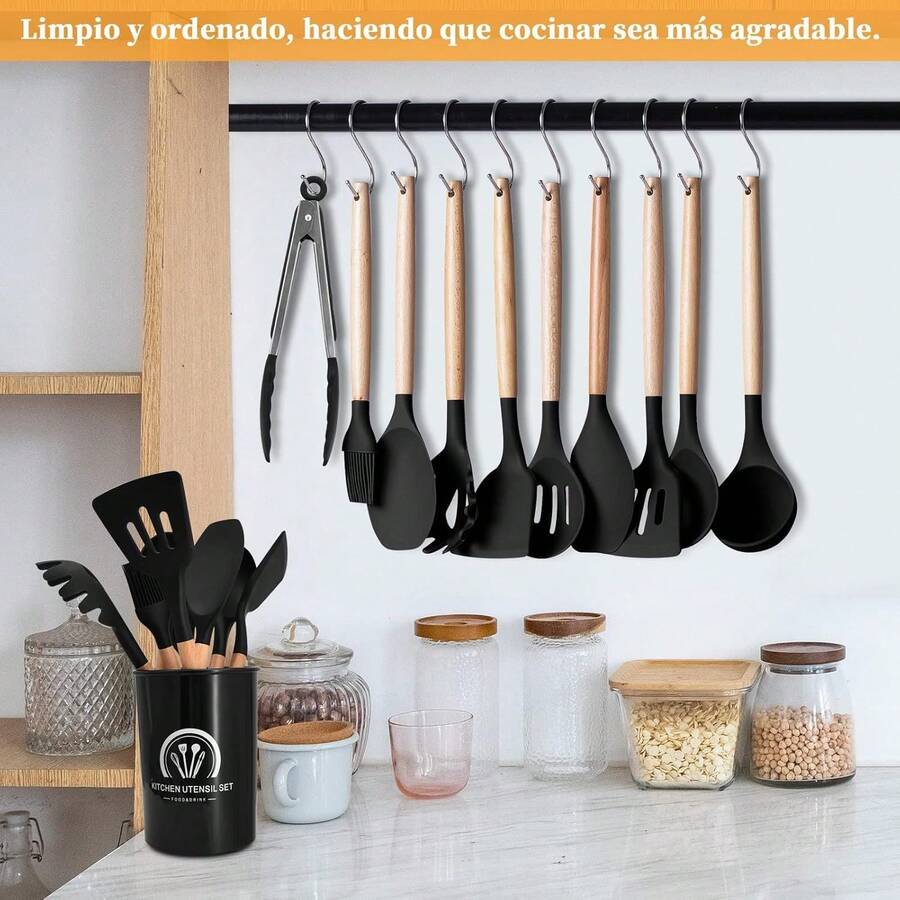 34 Piece Silicone Heat Resistant Kitchen Utensil Set with Ergonomic Wooden Handles, Easy To Clean & Non Stick