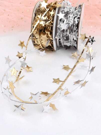 5m/10m Gold Star Garland Ribbon Roll, Holiday Decor Ribbon For Crafting, Gift Wrapping, Valentine's Day Decor, Fashion Ribbon, Jewelry Gift Box Packaging Ribbon, Daily Decor, Valentine's Day, Suitable For DIY Projects, Party Decor, Home Decor, Wedding, Birthday, Holiday, Party, Home, Valentine's Day, Mother's Day, DIY Jewelry Accessories, Ramadan, Ramadan Decor, Eid