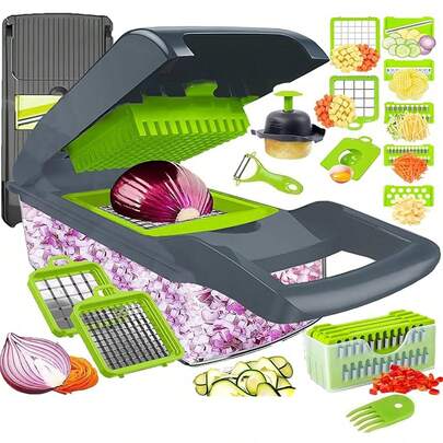 16件套蔬菜切碎器带容器 | 奶酪刨丝器切片器切丝器卷心菜刨丝器 | 不锈钢薯条切割器，适用于蔬菜、洋葱、土豆、水果，手动烹饪工具，节日派对户外厨房小工具