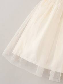 女婴薄纱连衣裙，蝴蝶结装饰，短袖圆领，舒适柔软休闲户外连衣裙，春夏新款公主派对连衣裙 - 杏色 - 查看 8