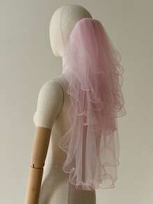 四层浪漫粉色蕾丝边新娘头纱，婚礼及伴娘头纱 - 淺粉色 - 查看 4