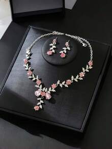 3件套粉色皇冠首饰套装，包含1个皇冠、1条项链和1副耳环，时尚配饰，镶嵌水钻，花朵项链和耳环，适合女孩在派对上佩戴 - 彩色 - 查看 8