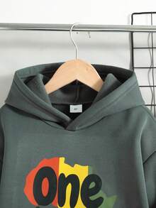 Bộ 2 món cho bé trai tuổi teen, gồm áo hoodie và quần dài in chữ, kiểu dáng thường ngày, có lớp lót giữ nhiệt, thích hợp cho mùa thu/đông. - Màu xám đen - Xem 3