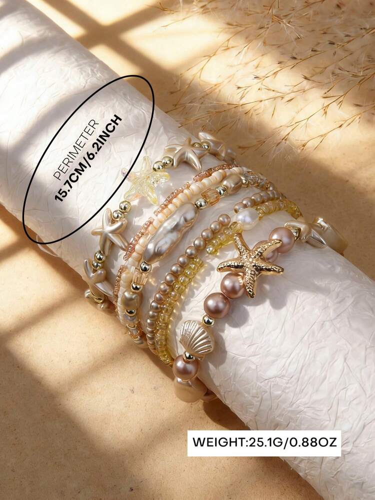 Set de 7 piezas de pulseras con estilo bohemio de conchas estrella, cristal y perla, adecuado para que las mujeres lo usen durante vacaciones y festivales de música - Multicolor - Añade 6