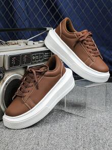 Dark Brown Leather Casual Sneakers For Women, Thick-Soled Height-Increasing Comfortable Skate Shoes, Simple, Lightweight, Versatile Women's Shoes, Suitable For Daily Commuting, Travel, And Leisure, Unprinted, Can Be Worn All Year Round, Unisex Couple Shoes - Brown - View 3
